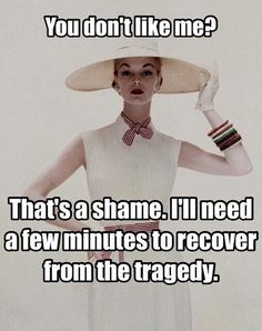 I'm entirely sure I'll get survive though. | "You don't like me? That's a shame. I'll need a few minutes to recover from the tragedy." -Unknown Sarcastic Women, I Dont Like You, Don't Like Me, Retro Humor, Sassy Quotes, E Card, Sarcastic Quotes, Bones Funny