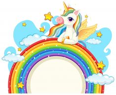 a unicorn sitting on top of a rainbow with stars in the sky above it and an empty space for text