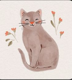 a watercolor painting of a cat with flowers