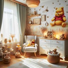 a child's room decorated in winnie the pooh theme with teddy bears and honeybees