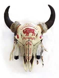 an animal skull with horns and feathers on it