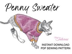 a drawing of a cat in a pink sweater with the words penny sweater on it