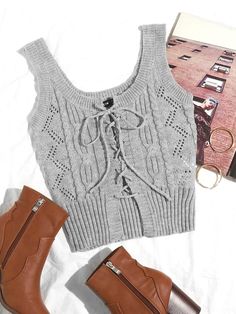 Grey Casual  Sleeveless Acrylic Plain   Slight Stretch Spring/Fall Women Knitwear Tank Top Outfit Ideas, Crochet Top Step By Step, Crochet Tank Top Outfit, Top Outfit Ideas, Stylish Tops For Girls, Tank Top Outfit, Trendy Crochet, Tank Top Outfits, Cute Love Wallpapers