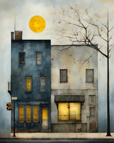 a painting of two buildings with the moon in the background