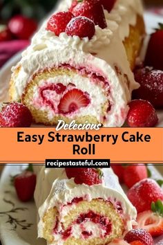 a cake roll with strawberries and cream frosting