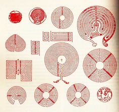 an old book with many different types of mazes in red ink on white paper