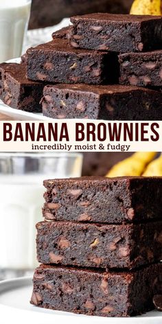 chocolate banana brownies stacked on top of each other