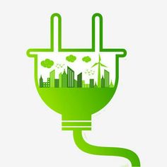 an electric plug with green cityscape and wind turbines in the center, on a white background