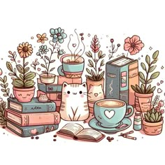 a cat is sitting in front of books and plants