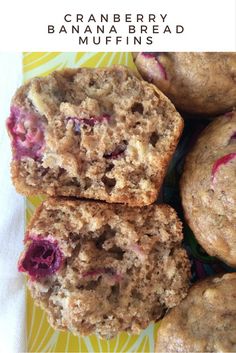 several muffins stacked on top of each other with the words cranberry banana muffins above them