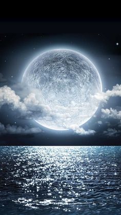 an image of the moon in the sky over water with clouds and stars above it