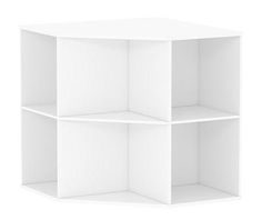 a white shelf with three sections on each side and one section closed to the other