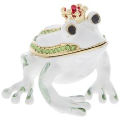 The best kept hiding places are those in plain sight! Keep your special jewelry pieces hidden away and safe with Crowned Frog Jewelry Box. This enchanting metal jewelry box is shaped like a frog with a glossy white finish accented in green and a red and gold crown adorned to the top of its head.   Green rhinestones create lines down the length of its back and along the edges of its mouth which also serve as the opening seam to a magnetic compartment you can use to store your smaller jewelry piec Owl Wings, Small Crown, Frog Jewelry, Frog Sitting, Hiding Places, Print Coupons, A Frog, Fabric Bolts, Creative Skills