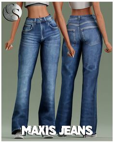 two women wearing jeans with the words max's jeans written below them in white letters