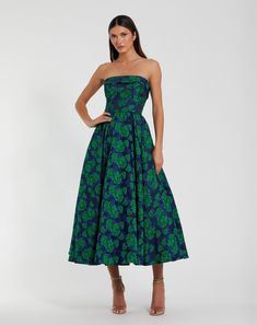 Brocade Strapless A Line Midi Dress Green A-line Strapless Evening Dress, Strapless Green Midi Dress For Prom, Elegant Midi-length Strapless Dress For Wedding Guest, Elegant Strapless Dress For Wedding Guest In Midi Length, Green Strapless Midi Dress For Evening, Green Straight Neckline Midi Dress For Evening, Evening Green Midi Dress With Straight Neckline, Green Midi Dress With Straight Neckline For Evening, Green Midi Dress With Straight Neckline For Formal Occasions