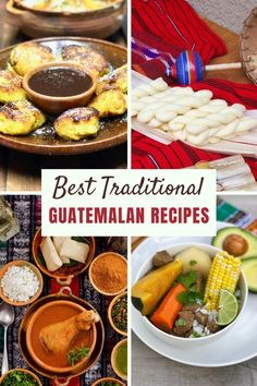 the best traditional guatemalan dishes are on display in bowls, plates and spoons