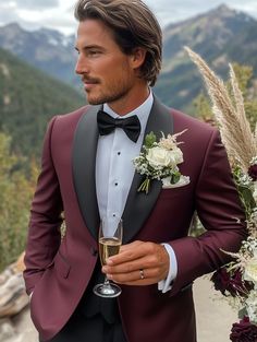 Red Velvet Suit with Satin Collar Suits Men Maroon, Groom Attire Maroon, Wine Red Suit Men Wedding, Dark Red Tuxedo Wedding, Burgundy Suit For Groom, Spring Wedding Tuxedo, Royal Blue And Maroon Wedding, Burgundy Tuxedo Wedding Groom Suits, Dark Red Groomsmen Attire