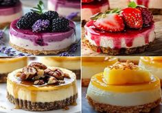 four different cheesecakes with fruits and nuts on top