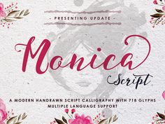 the front cover of a script with pink flowers and leaves on it, which reads monica script