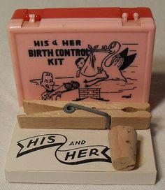 a pink and white box with a corkscrew in it that says, his & her birth control kit