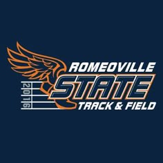 the state track and field logo on a dark blue background with an orange wing in the center