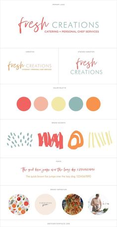 the website design for fresh creations is shown in red, white and blue colors with different font