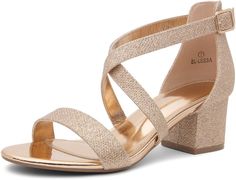 Amazon.com | Shoe Land SL-Lessa Womens Low Heels Open Toe Dress Heeled Sandals Cross Ankle Strap Chunky Block Short Heel Pumps Shoes for Office Prom Wedding Party, RosegoldShimmer, Size 6.5 | Heeled Sandals Shoes To Wear With Dresses, Wedding Guest Heels, Low Heel Wedding Shoes, Best Wedding Shoes, Dress Tips, Homecoming Shoes, Fun Wedding Shoes, Wedding Shoes Low Heel, Womens Low Heels