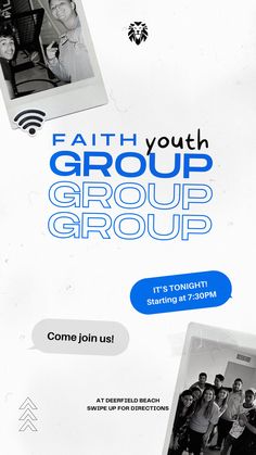 an advertisement for a youth group is shown in blue and white colors, with the words faith youth group group on it