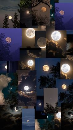 many different images of the moon in the sky with clouds and trees around them, all lit up at night