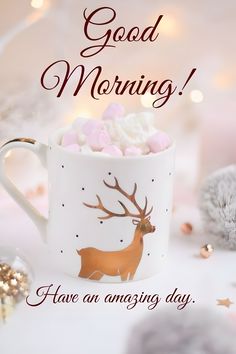 a coffee cup with marshmallows in it and the words good morning have an amazing day