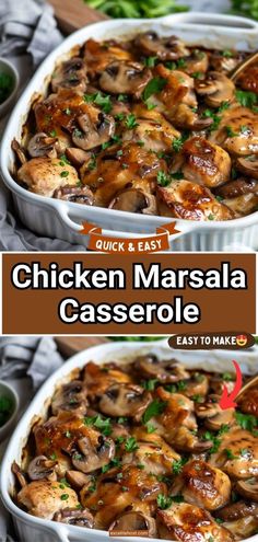 chicken marsala casserole in a baking dish