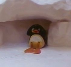 there is a small penguin that is in the corner of an ice cave with snow on it