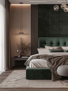 Gatsby style glamour in the accessories of an Art Deco bedroom Modern Art Deco Interior Bedroom, Bedroom Classic Luxury, Classic Luxury Bedroom, Classic Contemporary Bedroom, Dark Green Bedroom Ideas, Dark Green Bedroom, Master Room Design, Luxury Hotel Bedroom, Green Bedroom Ideas