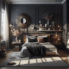 Cozy and modern bedroom with a dark aesthetic. Features a comfortable bed with wooden headboard, velvet pillows and a quilted blanket. Sunburst mirror on dark grey wall. Floating shelf with decorative items. Industrial-style lamp. Windows with shutters and white curtains. Delicate plants in vases. Beige and white area rug for a dramatic atmosphere. Dark Aesthetic Bedroom Ideas, Cozy Industrial Bedroom, Dark Grey Headboard, Dark Aesthetic Bedroom, Headboard Velvet, Dark Cozy Bedroom, Black Rooms