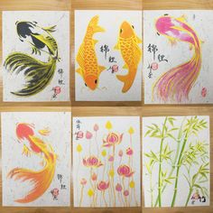 four different types of fish and flowers on paper