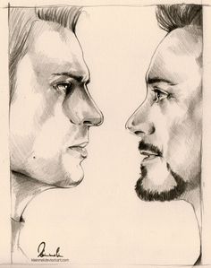 a drawing of two men facing each other, one with his head turned to the side