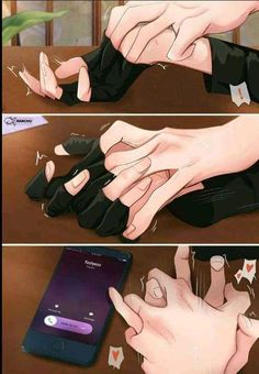 two pictures of hands touching each other with one hand and the other holding an iphone