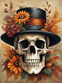 a painting of a skull wearing a top hat with flowers on it's head