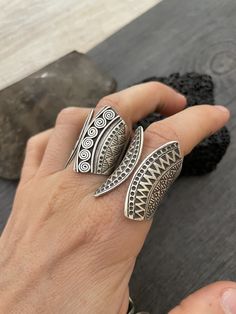 You can choose between 4 different and unique sterling silver rings. Each has a different style and design, but all are perfect for your day by day outfits and super comfy and easy to match with other accessories and any outfit. In one of the pictures you can see a number that represents each ring for you to choose from. Ring #1- Size 8.75, can be open to a bigger size but this will create a gap in the front. And the ring is 2.7cm- 1.10 inch long Ring #2- Size 8.5 , can be open to a bigger size Vintage Open Ring With Unique Design, Silver Toe Ring With Unique Design, Silver Open Ring Midi With Unique Design, Artistic Sterling Silver Rings With Artistic Design, Silver Open Ring Midi Rings With Unique Design, Silver Open Ring With Unique Design, Bohemian Metal Rings With Unique Design, Unique Open Ring Made Of Metal, Unique Open Ring In Metal