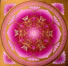 an arabic calligraphy on a pink and gold plate with butterflies around the edges,