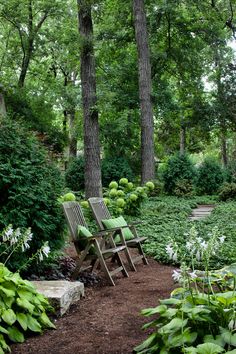 a chair and table in the middle of a garden with lots of green plants around it