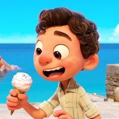 a cartoon character holding an ice cream cone in front of the ocean with his mouth open