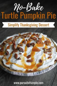 no - bake turtle pumpkin pie with whipped cream and pecans