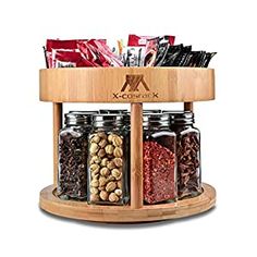 a wooden spice rack with spices and condiments