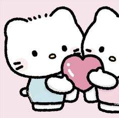 two hello kitty hugging each other with a heart shaped object in front of their faces