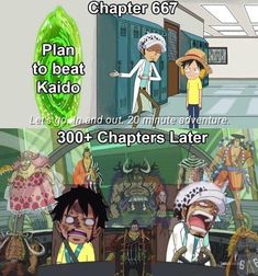 an image of cartoon characters with caption that reads, plan to beat kido let's go and out 20 minute adventure 300 + characters later