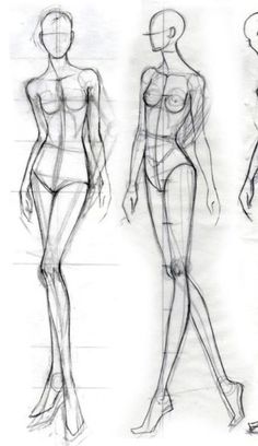 three sketches of female mannequins in various poses