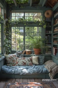 a room filled with lots of green plants and books on the windows sill, next to a blue couch