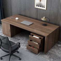 an office desk with two drawers and a chair