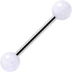 two white balls are attached to a black bar with glitter on the top and bottom